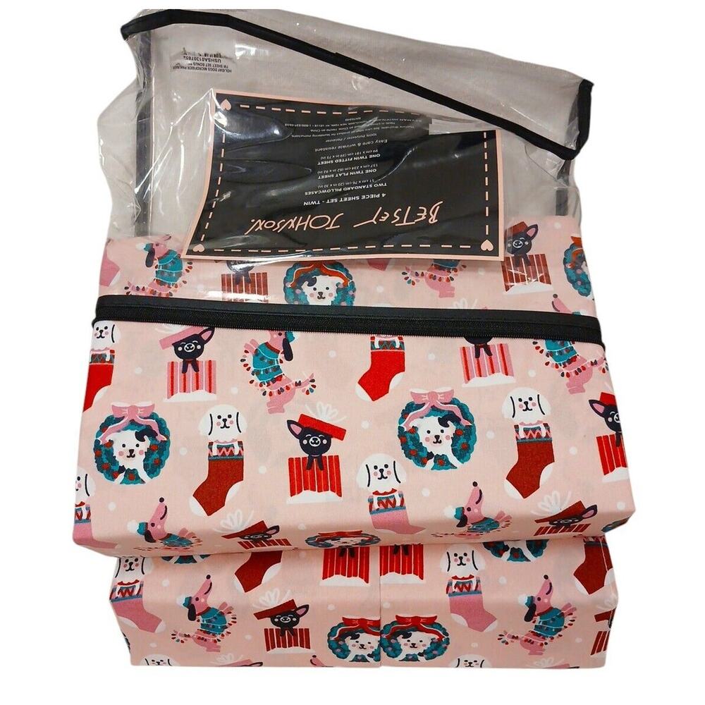 Betsey Johnson TWIN 4PC Sheet Set Pink HOLIDAY‎ DOGS Designer Christmas Bichon